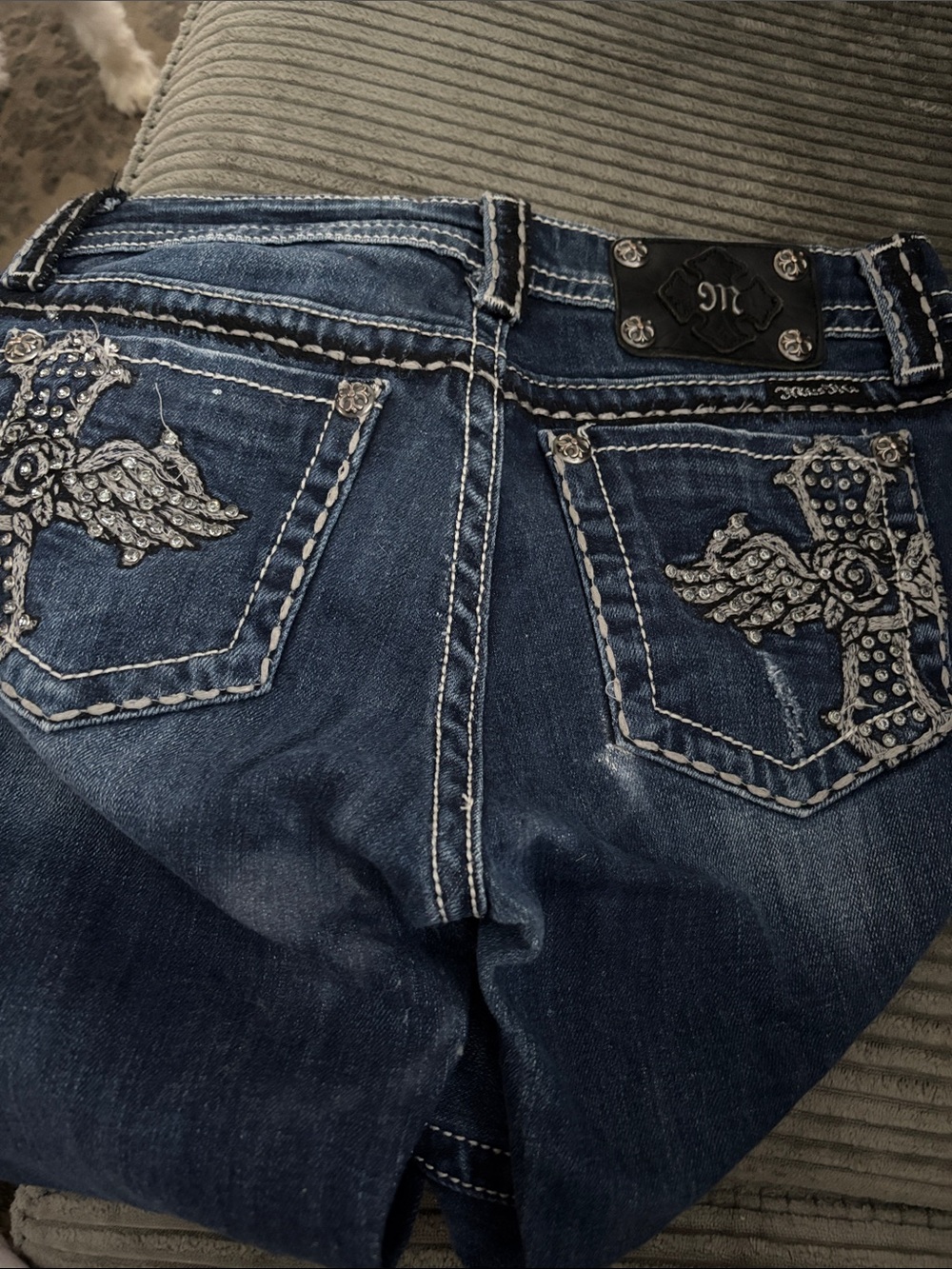 Miss Me Dark Blue Boot Cut Jeans with Rhinestone Cross Pockets